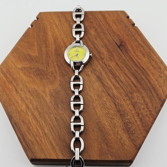 Fossil Silver Tone Bracelet Watch Bright Yellow Dial ESB-2427 Project Needs TLC - Picture 4 of 8